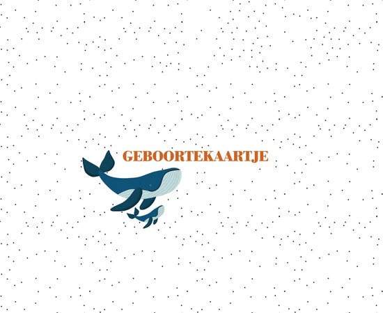 Geboortekaartje met illustratie van een blauwe walvis met jong op een witte achtergrond met zwarte spikkels.
