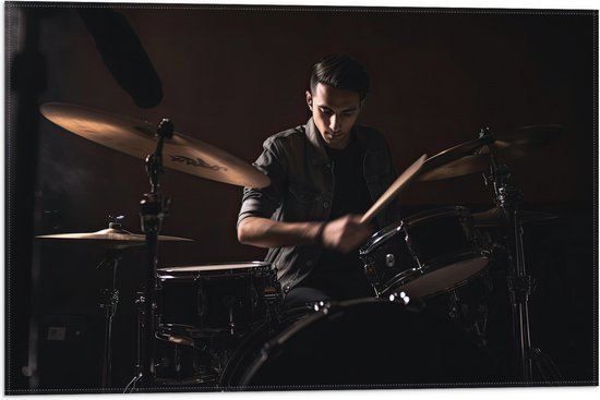 Vlag - Man - Drummen - Muziek - Donker - Hobby - 60x40 cm Foto op Polyester Vlag
