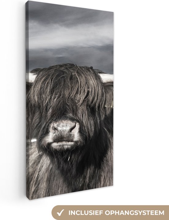 Canvas Schilderij Schotse hooglander - Portret - Zwart - Wit - Dier - Wild - Natuur - 40x80 cm - Wanddecoratie