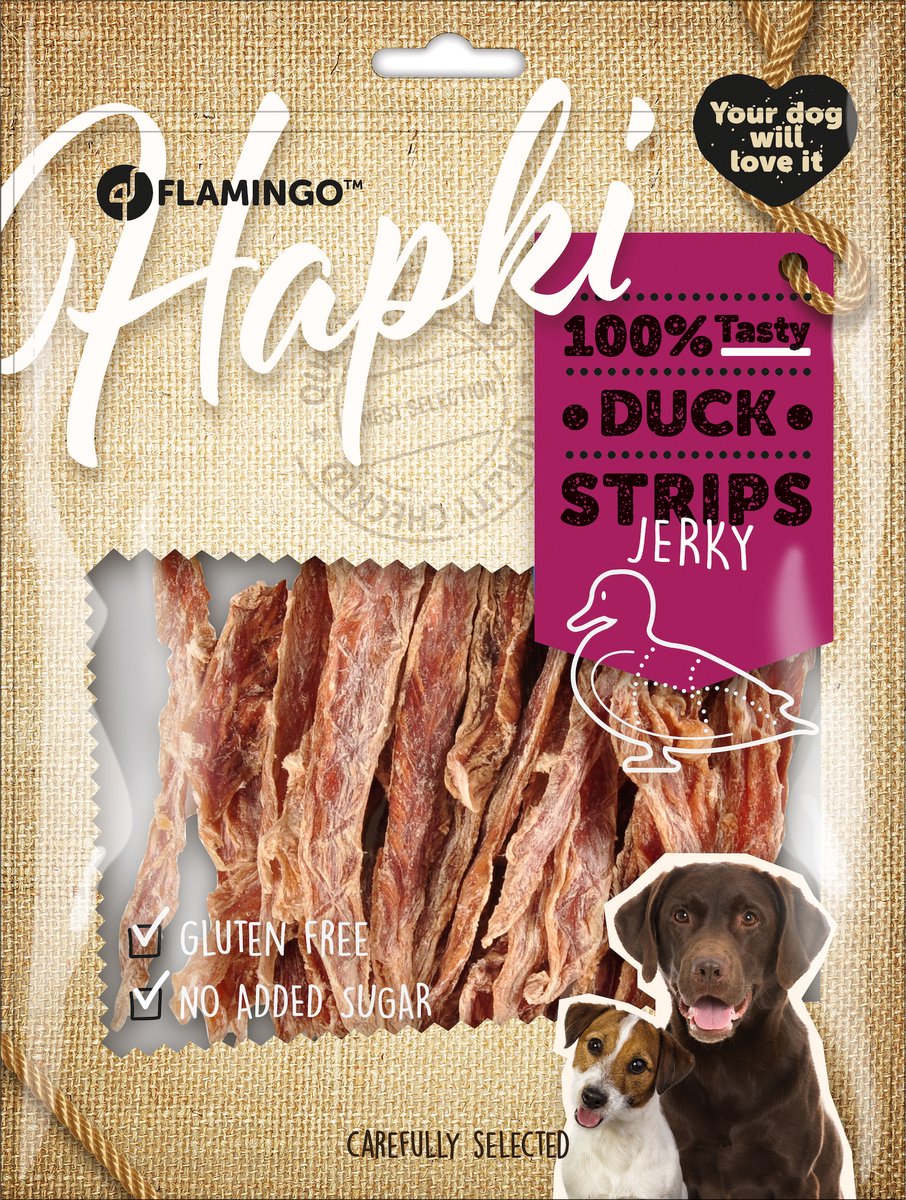 Hondensnack – Flamingo Hapki Strips met eend 400g – gezonde hondensnoepjes – eiwitrijk & vetarm