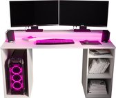 Game Bureau Gaming Desk met LED Verlichting Tafel Computer Bureau - (LxHxP): 50x90x138 cm - SHOT 1 (Wit + Roze LED)