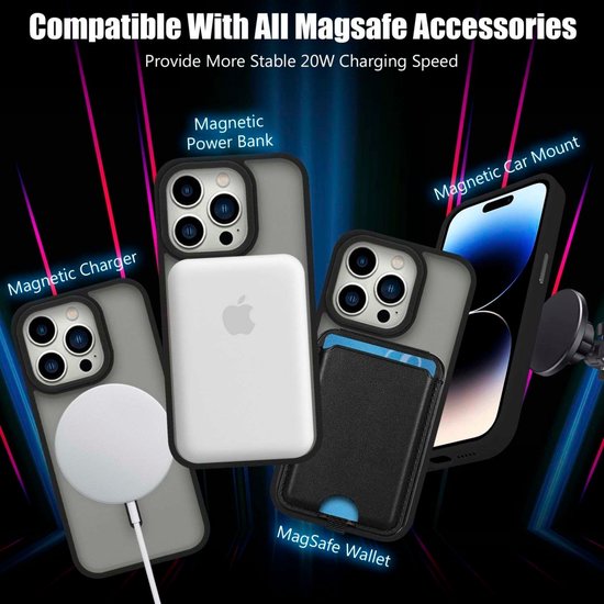 Zwarte MagSafe hoes compatibel met magneet oplader, power bank, MagSafe portemonnee en magnetische autohouder.