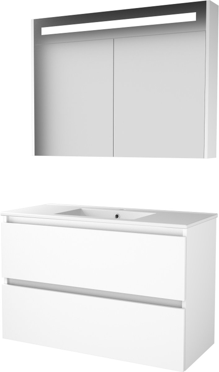 Basic Premium 46 badmeubelset met spiegelkast met geïntegreerde LED verlichting, greeploze wastafelonderkast met 2 lades en porseleinen wastafel met 1