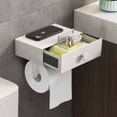 Toiletpapierhouder met natte doekjes box, geen boren, toiletpapierhouder met plank, papierhouder voor toilet en badkamer wandmontage (wit)