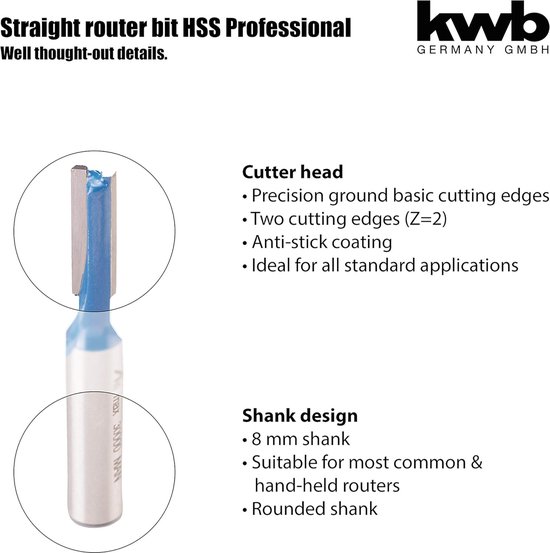 kwb HM-groeffrees Professional (voor hout, Ø 6 mm, werklengte 20 mm, schacht 8 mm, geschikt voor alle standaard handfrezen), blauw/grijs - KWB