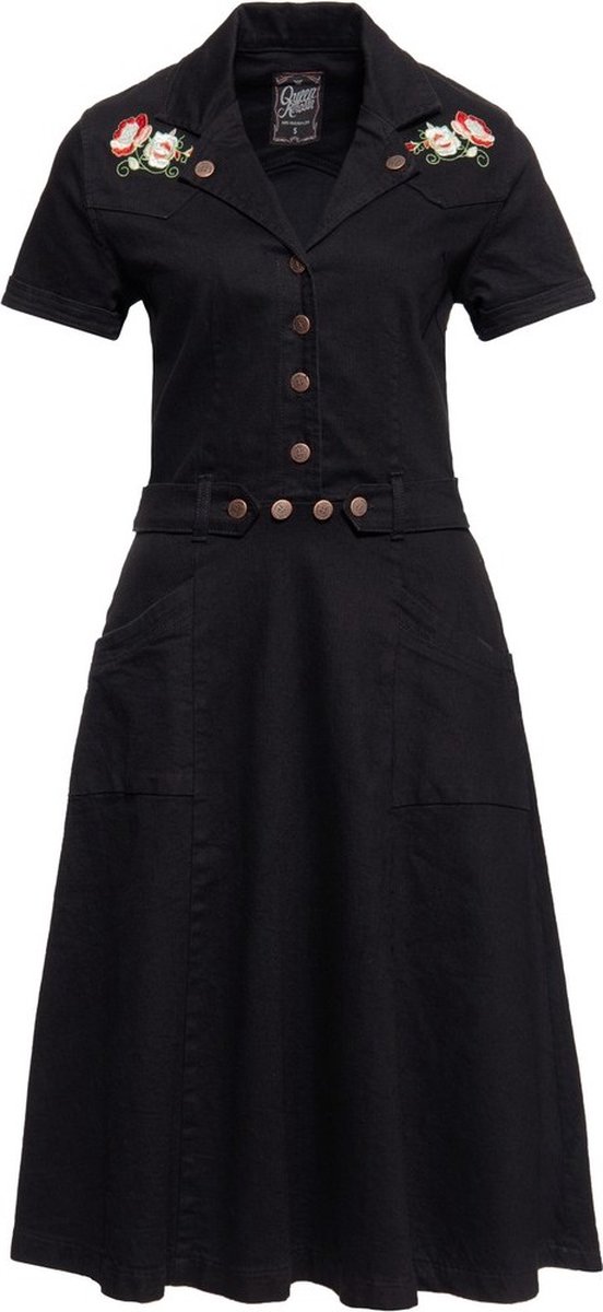 Queen Kerosin Damen 50s Swing Jeanskleid mit Stickerei Schwarz-S