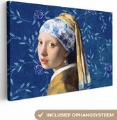 Canvas Schilderij Meisje met de parel - Delfts blauw - Vermeer - Bloemen - Schilderij - Oude meesters - 120x80 cm - Wanddecoratie