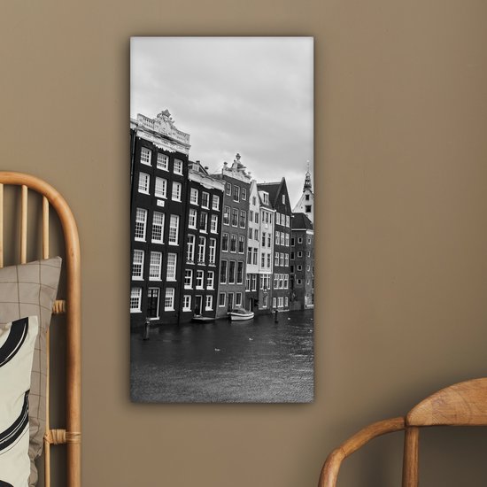 Canvas Schilderij Amsterdamse grachten zwart-wit fotoprint - 40x80 cm - Wanddecoratie