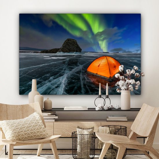 Tente sur la glace sous les aurores boréales toile 2cm 140x90 cm - Tirage photo sur toile (Décoration murale salon / chambre) / Phénomènes naturels Peintures sur toile