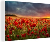 Canvas Schilderij Zonsondergang - Klaprozen - Rood - Bloemen - Veld - Natuur - 90x60 cm - Wanddecoratie
