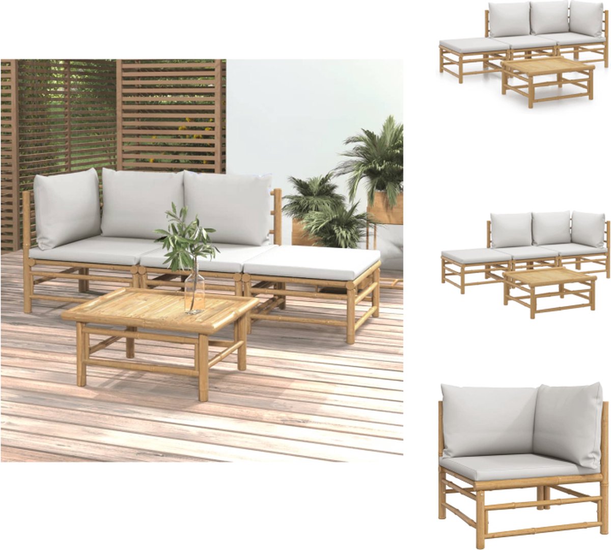 vidaXL 4-delige - Loungeset - met - kussens - bamboe - lichtgrijs
