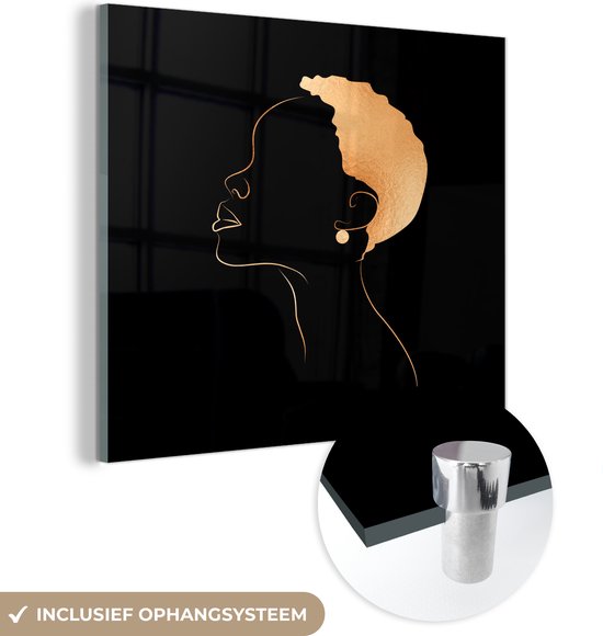 MuchoWow® Glasschilderij 90x90 cm - Schilderij acrylglas - Vrouw - Black and gold - Line art - Foto op glas - Schilderijen