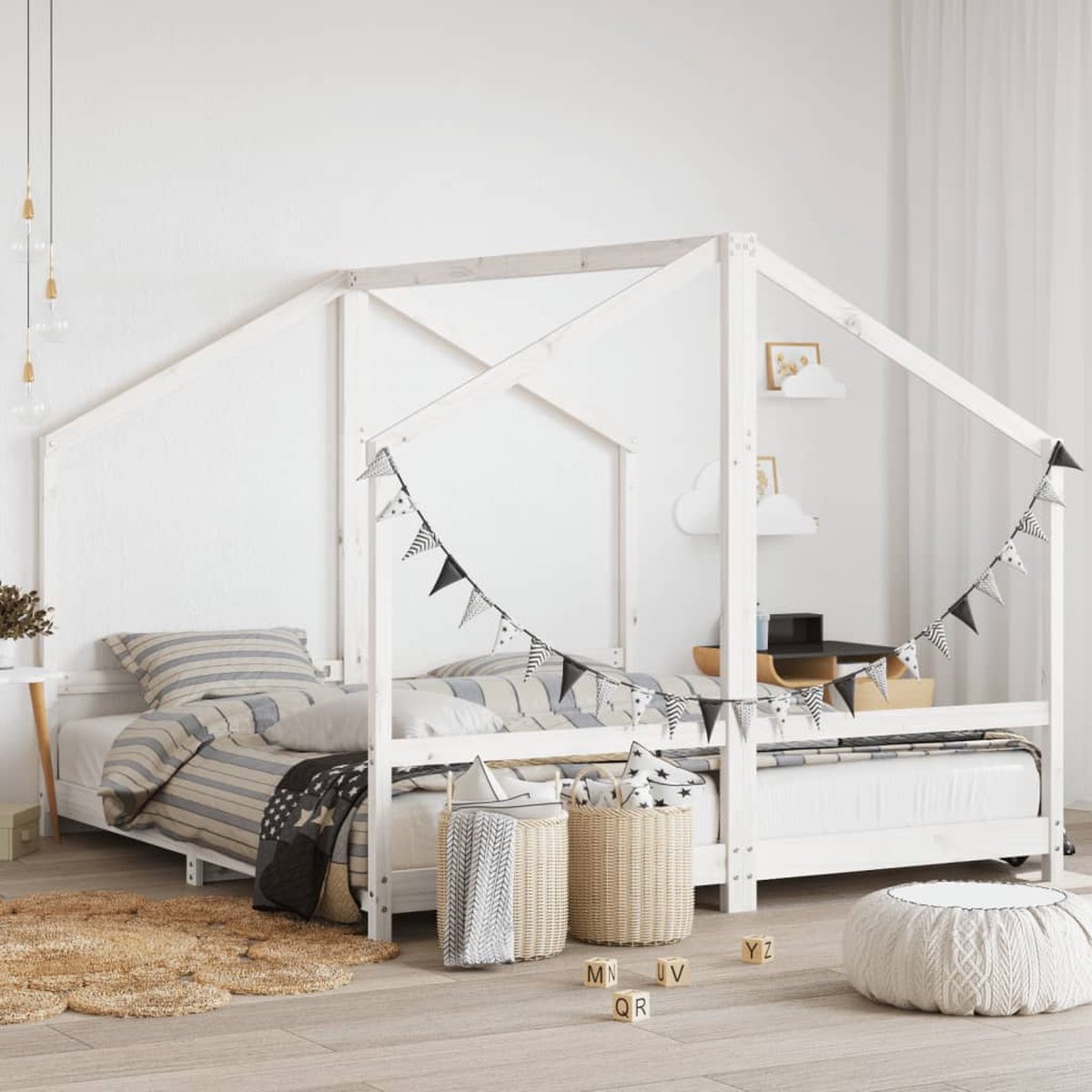 vidaXL Kinderbedframe - 2x(90x200) - cm - massief - grenenhout - wit