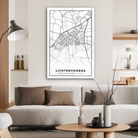 MuchoWow® Peinture sur verre - Lichtenvoorde - Zwart Wit - Plan de la ville - Plan d'étage - Carte - Nederland - 60x90 cm - Peintures sur verre acrylique - Photo sur Glas