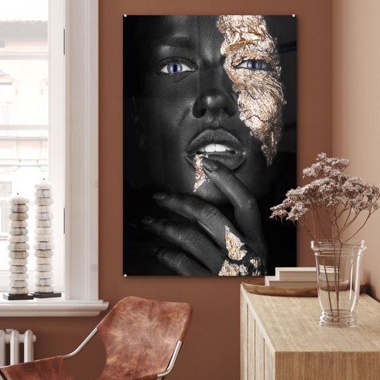 Tableau verre femme - Goud - Zwart - Portrait - Luxe - Peinture verre - Photo sur verre - 80x120 cm - Décoration murale verre - Salon - Décoration chambre - Décoration murale - Plaque de verre
