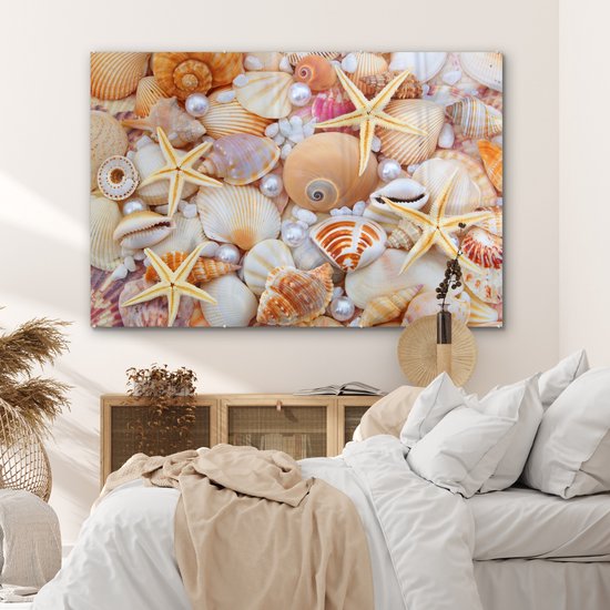 Peinture sur verre - Photo sur verre - Coquillage - Perles - Étoile de mer - Décoration murale - 150x100 cm - Peinture sur verre - Décoration murale - Photo sur verre - Peinture sur verre plage - Verre acrylique