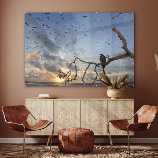 MuchoWow® Peinture sur verre 150x100 cm - Peinture sur verre acrylique - Vogel sur branche - Photo sur verre - Peintures