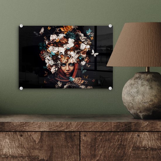 MuchoWow® Peinture sur Verre - Fleurs - Papillon - Femmes - Foulard - 30x20 cm - Peintures sur Verre Peintures - Photo sur Glas