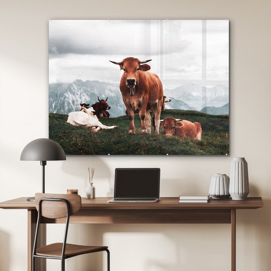 MuchoWow® Peinture sur verre 120x90 cm - Peinture sur verre acrylique - Animaux - Vache - Berg - Photo sur verre - Peintures