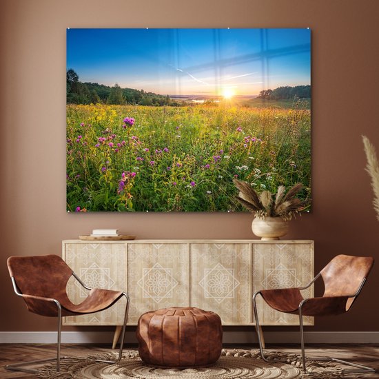 MuchoWow® Peinture sur verre 160x120 cm - Peinture sur verre acrylique - Soleil - Herbe - Fleurs - Photo sur verre - Peintures