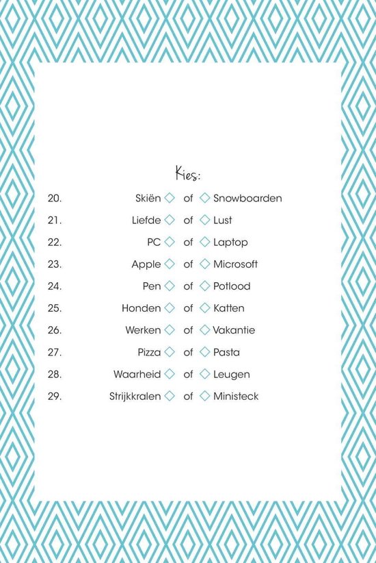 Pagina met vragen 20 t/m 29 van '999 vragen aan jezelf' op een blauw ruitpatroon.
