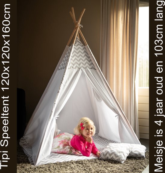 Speeltent - Tipi Tent - Met Grondkleed & Kussens - Speelhuisje - Tent voor kinderen - Grijs-Wit - Sajan
