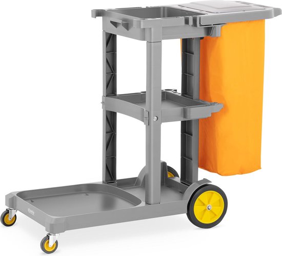 Chariot de nettoyage gris avec sac à linge jaune doré, couvercle et roues.