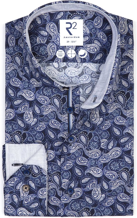 R2 Amsterdam - Chemise Stretch Paisley Blauw - Homme - Taille 45 - Coupe moderne