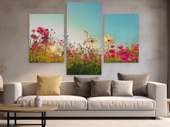 Artaza Peinture sur toile triptyque Kosmos Champ de fleurs avec un soleil levant – 180 x 120 – Groot – Photo sur toile – Impression sur toile