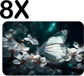 BWK Flexibele Placemat - Witte Vlinder op Witte Bloemen in een Donkere Omgeving - Set van 8 Placemats - 45x30 cm - PVC Doek - Afneembaar