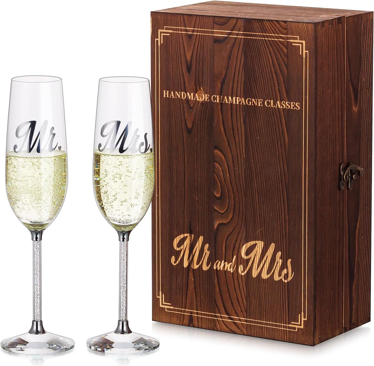 Kristallen champagneglazen geldgeschenk bruiloft: set van 2 champagneglazen met houten geschenkdoos Mr & Mrs fluit gepersonaliseerd voor bruid bruidegom verloving jubileum verjaardag feest