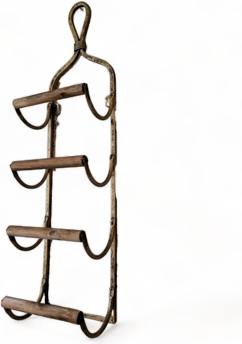 Wijnrek hangend metaal goud met houten randen voor 4 flessen. Afmetingen 18x12x70 cm.