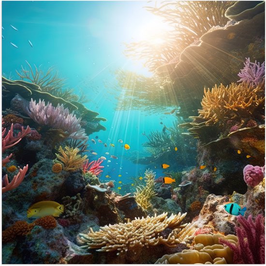 Poster Glanzend – Onderwater - Oceaan - Zee - Koraal - Vissen - Kleuren - Zon - 80x80 cm Foto op Posterpapier met Glanzende Afwerking