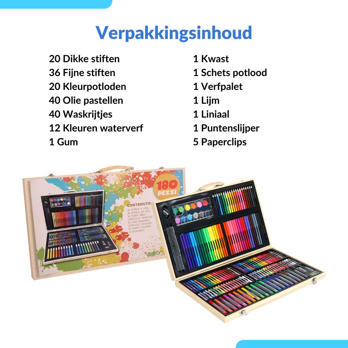 Buxibo Luxe 180-Delige Teken- en Verf Set - Tekendoos met Kleurpotloden, Waskrijt en Acrylverf - Tekenset Compleet voor Kinderen en Volwassenen — afbeelding 7