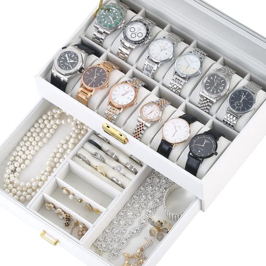 SONGMICS Horlogebox met 2 compartimenten, horlogekast, horlogekussen met opbergruimte en verdeler, vak met klep, 10,1 x 12 x 8,5 cm, cadeau-idee, zwarte hoes, duifgrijze voering JWB029GD01