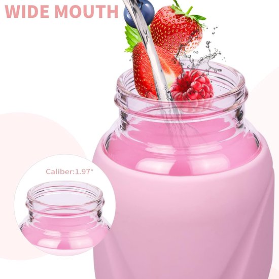 FIT Strong & Healthy Glazen waterfles met rietjesdeksel, brede opening, borosilicaatglas, waterflessen met tijdmarkering, siliconen hoes en extra deksel, 1 liter grote motiverende drinkfles (blauw