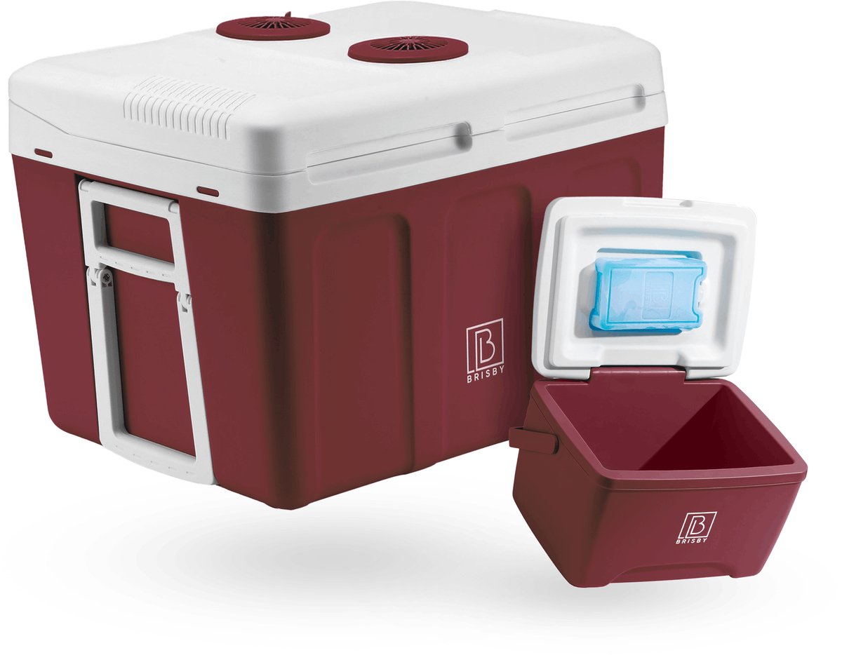 Brisby 40 Liter Elektrische Koelbox Frigobox Deluxe met 12V 220/230 Volt Aansluiting voor Auto en Camping – AC/DC - inclusief passieve koelbox - ROOD