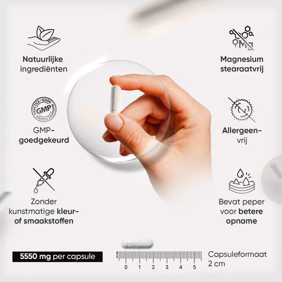 Hand die een witte capsule vasthoudt met links 'Natuurlijke ingrediënten', 'GMP-goedgekeurd', 'Zonder kunstmatige kleur- of smaakstoffen'. Rechts 'Magnesium stearaatvrij', 'Allergeenvrij', 'Bevat peper voor betere opname'.