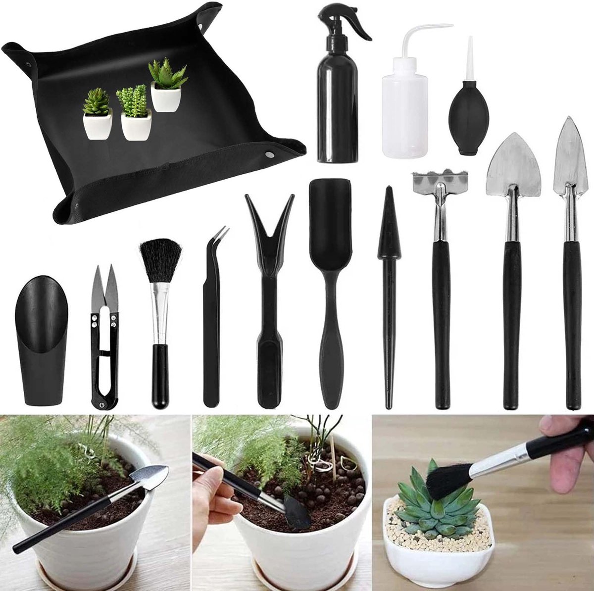 My Ninki ® Tuingereedschapsset voor Miniatuurplanten met Opvouwbare Werkmat en 13 Accessoires voor Binnen en Buiten