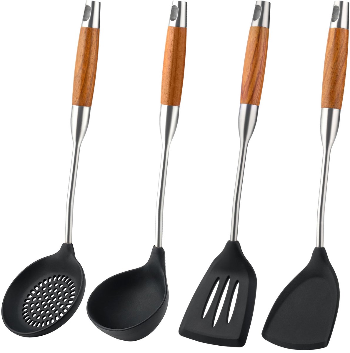 My Ninki ® Siliconen wokspatel, skimmer, sleufspatel en lepelset, siliconen, roestvrij staal en houten handvat in één. Voor de keuken, gemakkelijk te reinigen en vaatwasmachinebestendig, voor hobbykoks