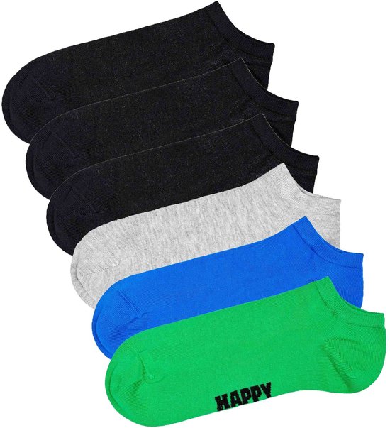 Set van zes enkelsokken: twee zwarte, één grijs, één blauw, één groen en één met 'HAPPY' opdruk.