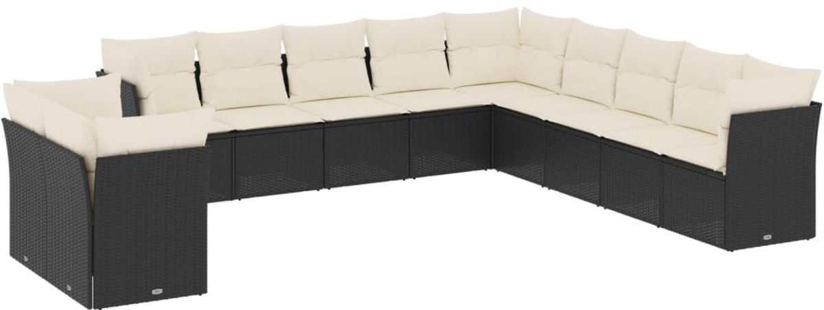 11-delige Loungeset met zwarte poly rattan, kussens - Tuinmeubilair - Buitendecoratie