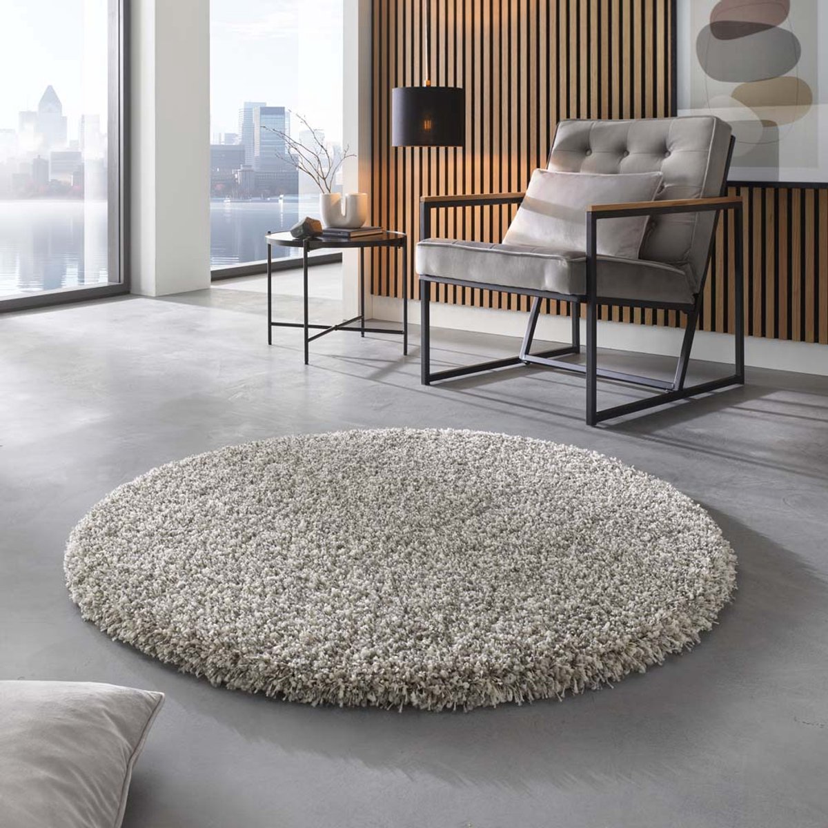 Rond hoogpolig vloerkleed - Shaggy Prime wit/zilver 200 cm