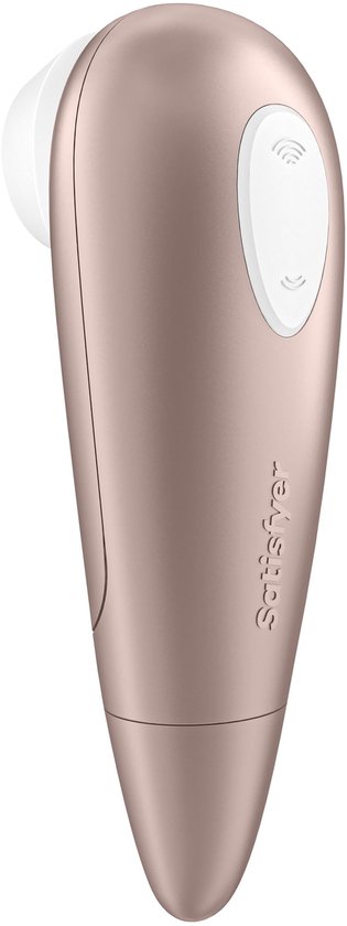 Rosegouden clitorisstimulator met witte bedieningsknop en opschrift 'Satisfyer'.