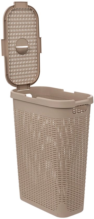 Beige wasmand met deksel open, gevlochten patroon.