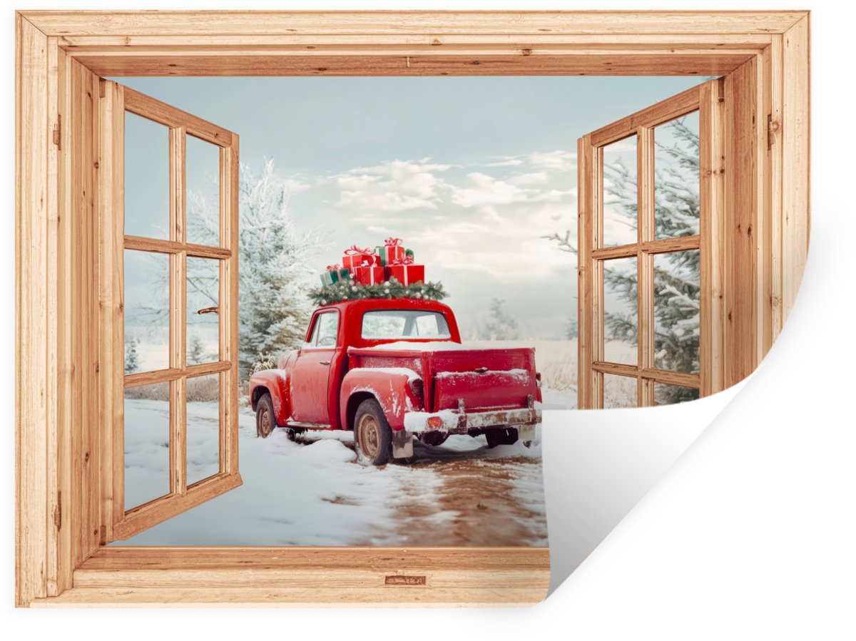 Muurstickers - Sticker Folie - Doorkijk - Auto - Kerst - Cadeaus - Winter - Landschap - 80