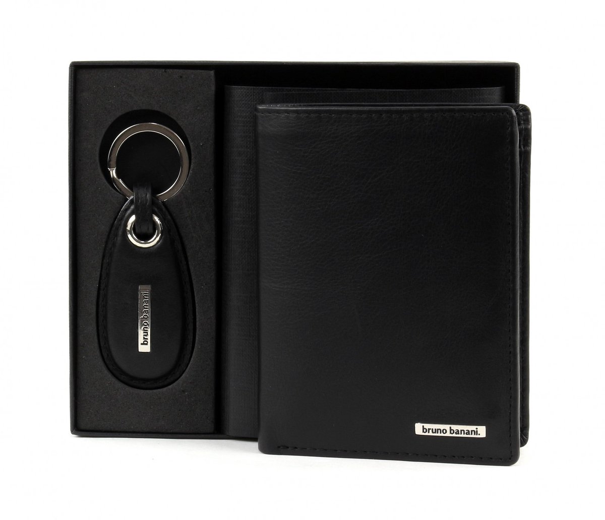 bruno banani Leren Portemonnee Sleutelhanger Gift Set Slim Wallet / Keychain Black Black Zwart