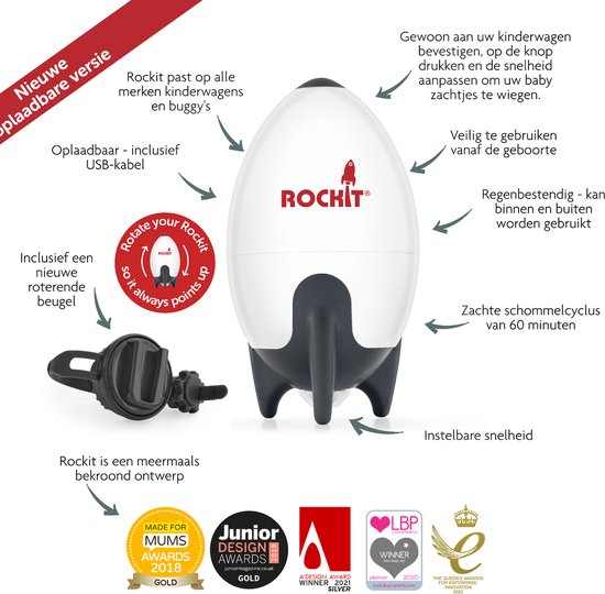 Witte rakketvormige Rockit babyrocker met donkergrijze voet, naast de roterende houder en awards.