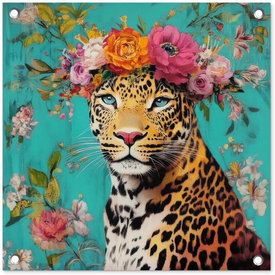 Tuinposter 50x50 cm - Tuindecoratie Luipaard - Bloemen - Kroon - Poster voor in de tuin - Buiten decoratie - Schutting tuinschilderij - Tuindoek muurdecoratie - Wanddecoratie balkondoek