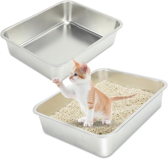 GRFELI Kattenbak van roestvrij staal, grote bak voor katten en konijnen, neemt nooit geuren op, gemakkelijk te reinigen, 50 x 35 x 15 cm vilten doos
